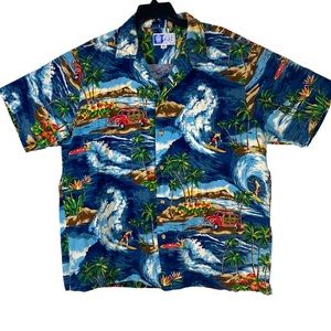 Vintage RJC LTD Men’s Blue Hawaiian Shirt Woody Surf Boards Waves Size XL